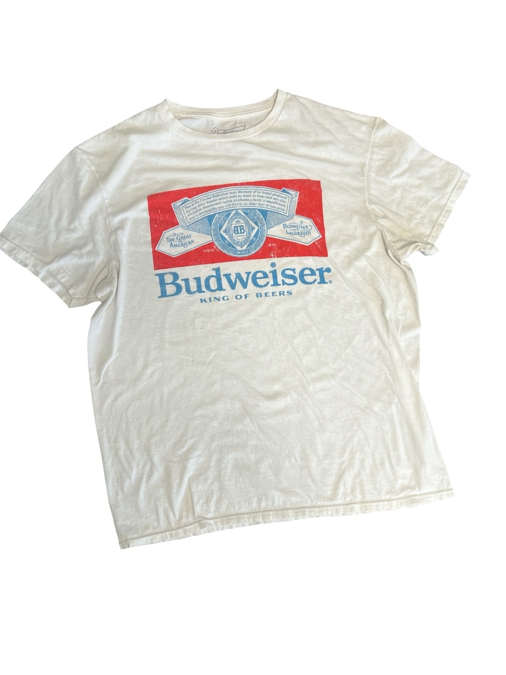 Budweiser White Tee with Red & Blue Logo Mens L